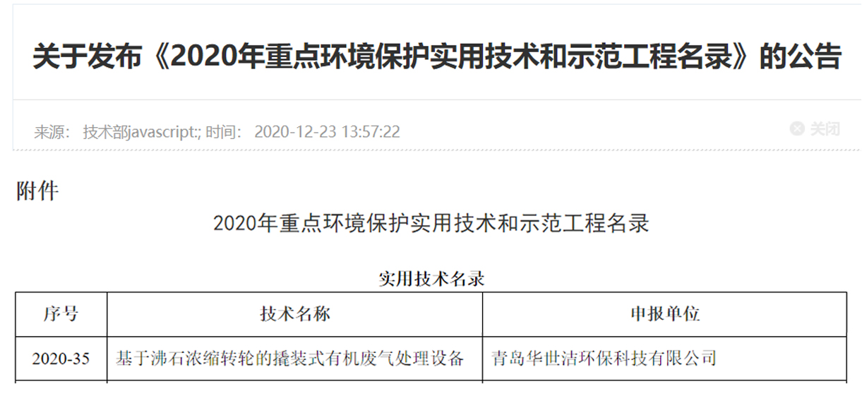 喜訊！華世潔環(huán)保撬裝式一體機設備列入《2020年重點環(huán)境保護實用技術(shù)和示范工程名錄》(圖1)